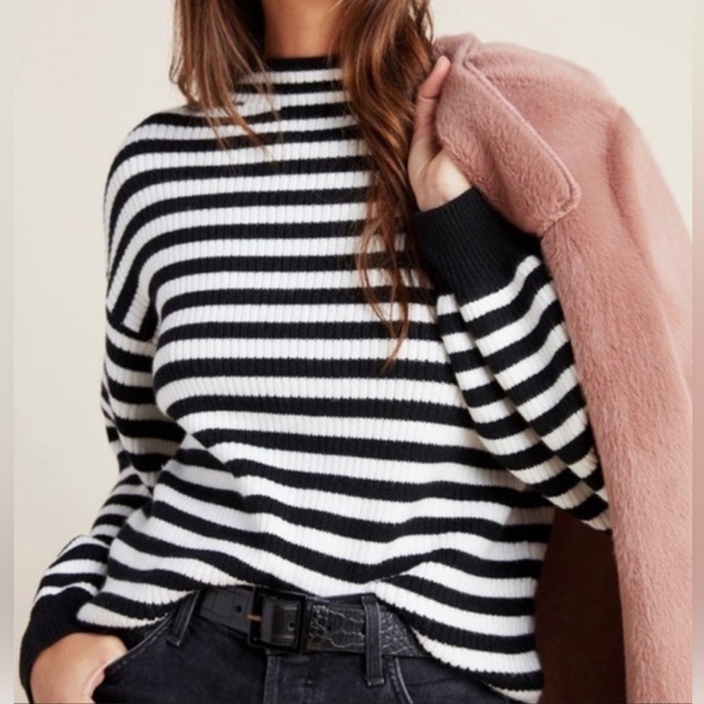 Anthropologie NWT Black and White Striped Mock Neck Sweater